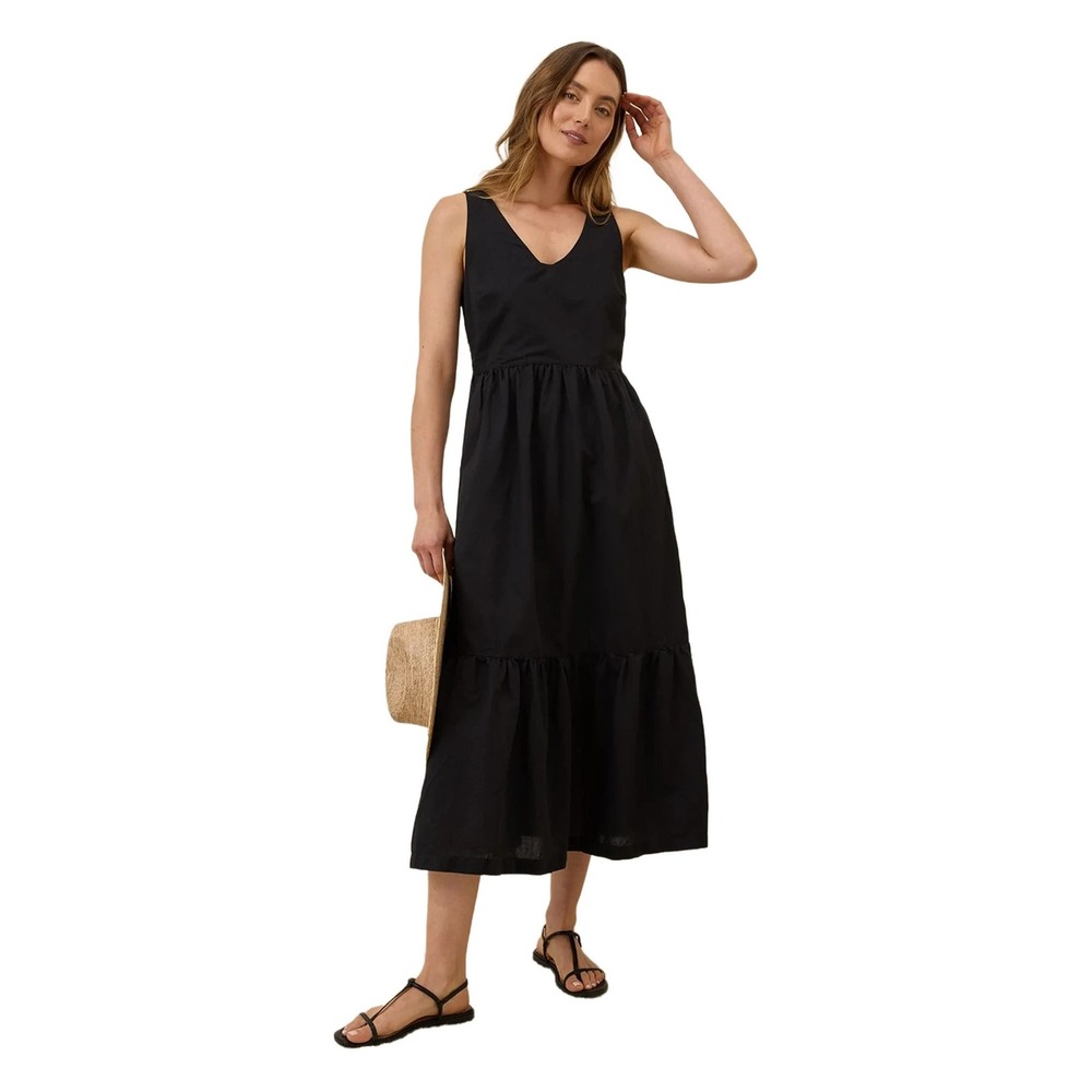 Pact Canopy Tank Dress Womens XXXL Black Organic Cotton Linen Tiered Maxi